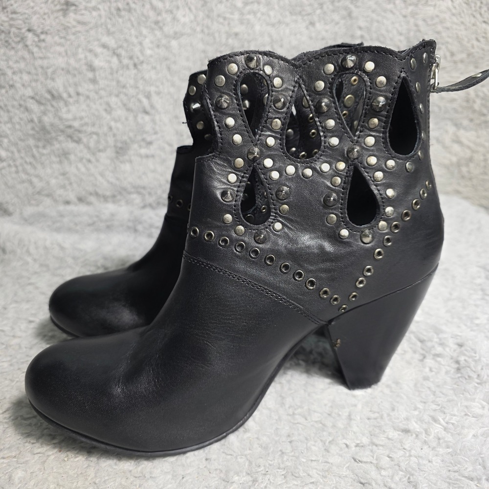 J Renee Studded Leather Cut-Out Ankle Boots Black Spiked‎ Cone Heel Womens 10